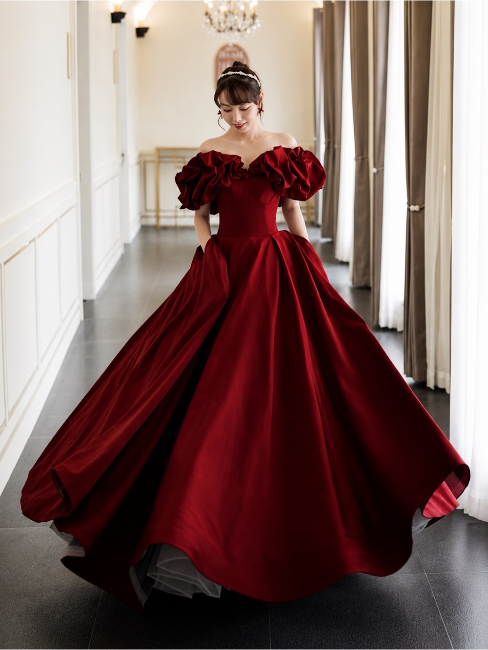 Off-Shoulder Wine Red Evening Ball Gown Dress